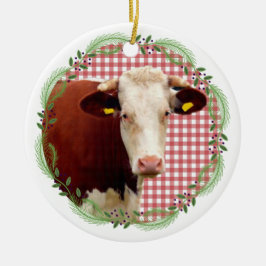 Land Farm Tier Kuh Gingham Weihnachtskranz Keramik Ornament