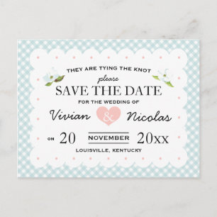 Land Floral Gingham Pink Save the Date Blau Ankündigungspostkarte