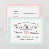 Land Floral Gingham Pink Save the Date Blau Ankündigungspostkarte (Vorne/Hinten)
