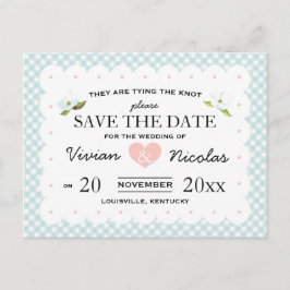 Land Floral Gingham Pink Save the Date Blau Ankündigungspostkarte