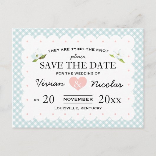 Land Floral Gingham Pink Save the Date Blau Ankündigungspostkarte (Vorderseite)