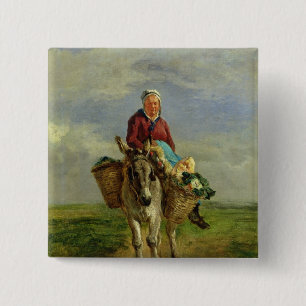 Land-Frau, die einen Esel reitet Button