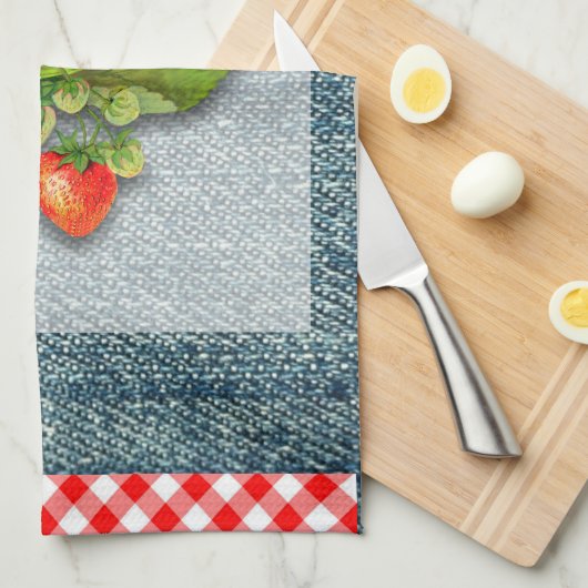 Land Gingham, Denim und Erdbeeren Handtuch (Viertel Falte)