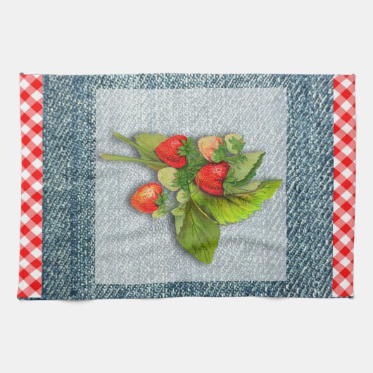 Land Gingham, Denim und Erdbeeren Handtuch (Horizontal)