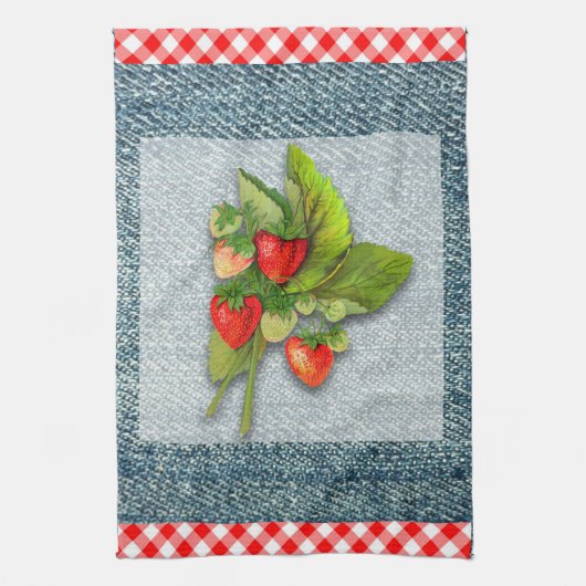 Land Gingham, Denim und Erdbeeren Handtuch (Vertikal)