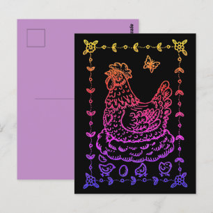 LAND HEN, EGG, CHICK & FOLK ART BORDER POSTKARTE