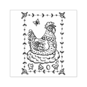 LAND HEN, NEST, EGG, CHICK FOLK ART BORDER nett Gummistempel