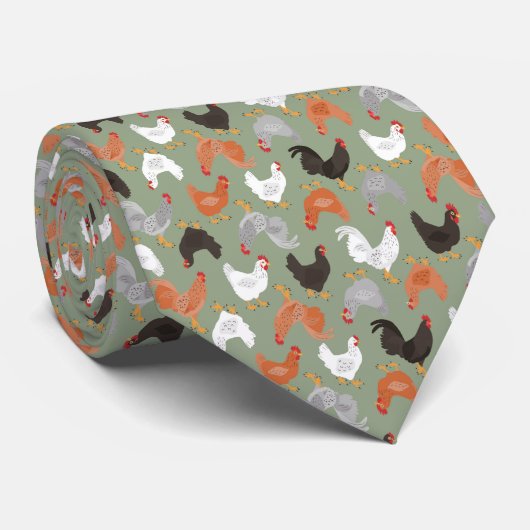 Land-Hühner und Hähne auf Grün Krawatte (Gerollt)
