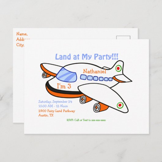 Land in meinem Party-Flugzeug Themed Kids Einladungspostkarte (Vorne/Hinten)