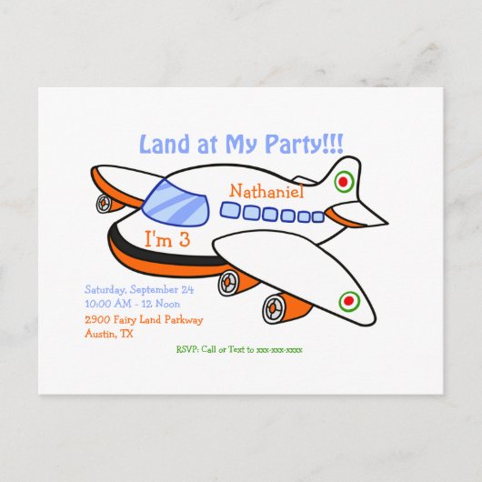 Land in meinem Party-Flugzeug Themed Kids Einladungspostkarte (Vorderseite)