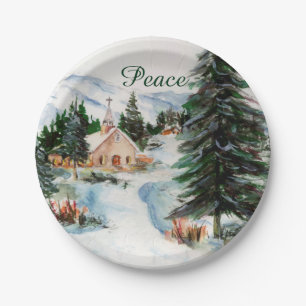 Land-Kirche in der Winter-Aquarell-Gebirgsszene Pappteller