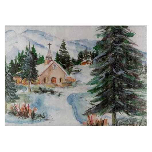 Land-Kirche in der Winter-Aquarell-Gebirgsszene Schneidebrett (Vorderseite)