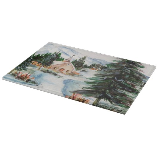 Land-Kirche in der Winter-Aquarell-Gebirgsszene Schneidebrett (Ecke)