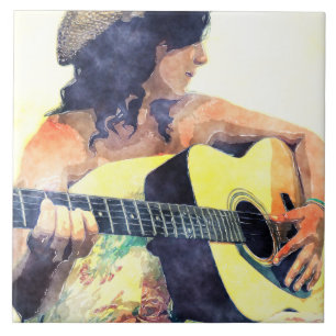 Land-Mädchen mit Akustikgitarre-Wasser-Farbe Fliese