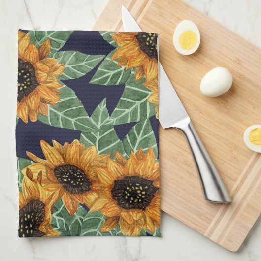 Land Niedlich Yellow Navy Sonnenblumen Wasserfarbe Geschirrtuch (Viertel Falte)