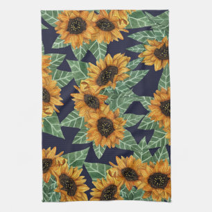 Land Niedlich Yellow Navy Sonnenblumen Wasserfarbe Geschirrtuch
