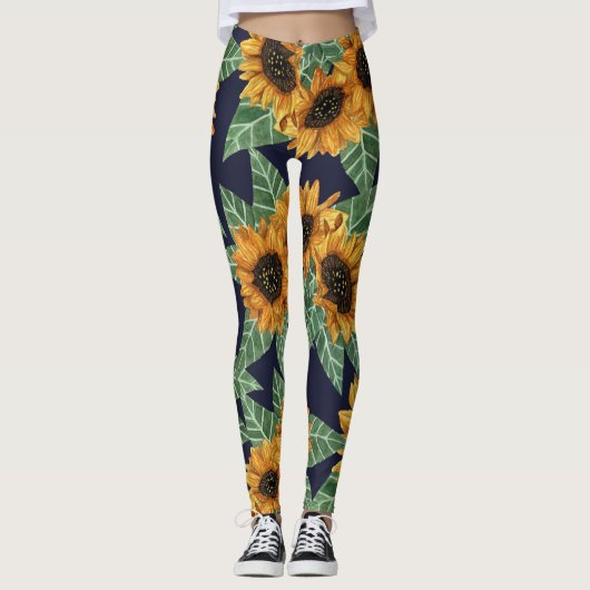 Land Niedlich Yellow Navy Sonnenblumen Wasserfarbe Leggings (Vorderseite)