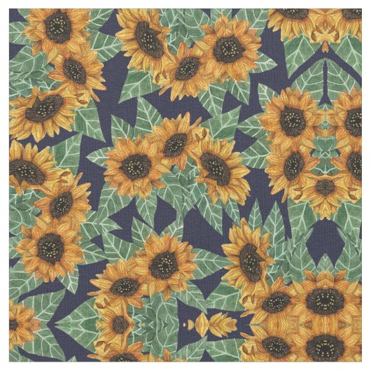 Land Niedlich Yellow Navy Sonnenblumen Wasserfarbe Stoff (Nahaufnahme)