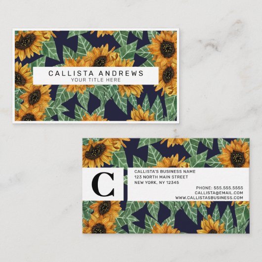 Land Niedlich Yellow Navy Sonnenblumen Wasserfarbe Visitenkarte (Vorne/Hinten)