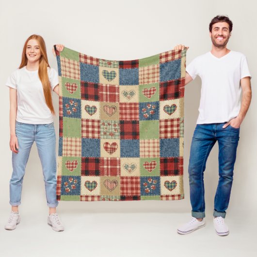 Land-Quilt-Herz-Patchwork Rot Blau Fleecedecke (Beispiel)