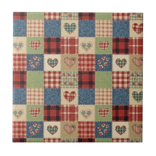 Land-Quilt-Herz-Patchwork Rot Blau Fliese (Vorderseite)