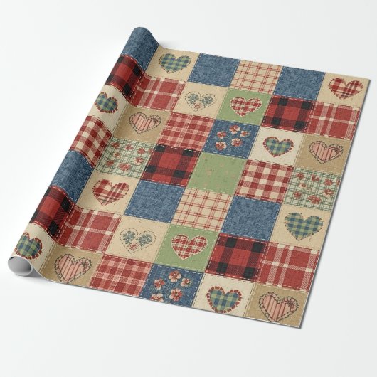 Land-Quilt-Herz-Patchwork Rot Blau Geschenkpapier (Ungerollt)