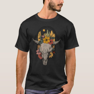 Land Retro Vintage Boho Kuh Stier Schädel Mit Kakt T-Shirt