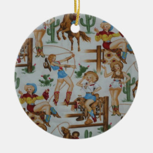 Land-Retro WeihnachtsCowgirls Keramikornament