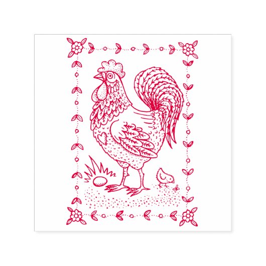 LAND ROOSTER, EGG & CHICK FOLK ART BORDER nett Permastempel (Design)