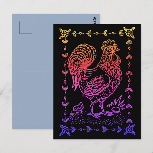 LAND ROOSTER, EGG, CHICK & FOLK ART BORDER POSTKARTE (Vorne/Hinten)