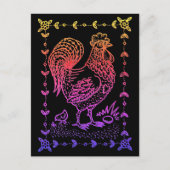 LAND ROOSTER, EGG, CHICK & FOLK ART BORDER POSTKARTE (Vorderseite)