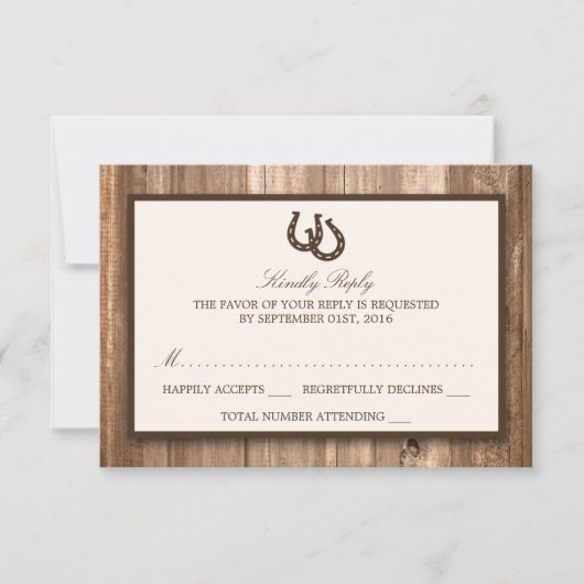 Land Rustic Horseshoe & Brown Wood Wedding RSVP Karte (Vorderseite)