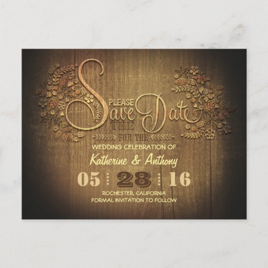 Land rustikal Save the Date Postkarte aus Holz (Vorderseite)