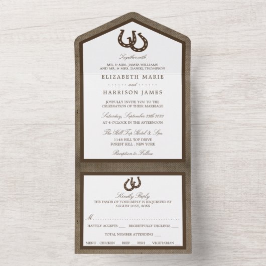 Land Rustikale Hufeisen auf Burlap-Hochzeit All In One Einladung (Innen Boden)