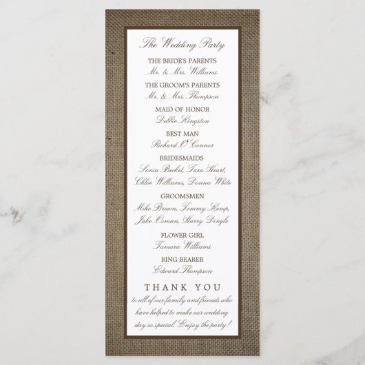 Land Rustikale Hufeisen auf Burlap-Hochzeit Programm (Rückseite)