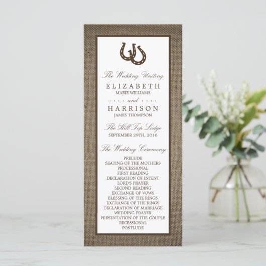Land Rustikale Hufeisen auf Burlap-Hochzeit Programm (Stehend Vorderseite)