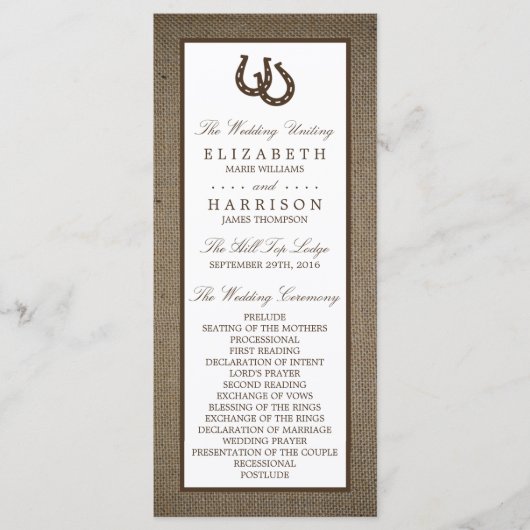 Land Rustikale Hufeisen auf Burlap-Hochzeit Programm (Vorderseite)