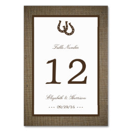 Land Rustikale Hufeisen auf Burlap-Hochzeit Tischnummer