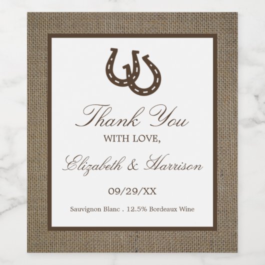 Land Rustikale Hufeisen auf Burlap-Hochzeit Weinetikett (Einzelnes Label)