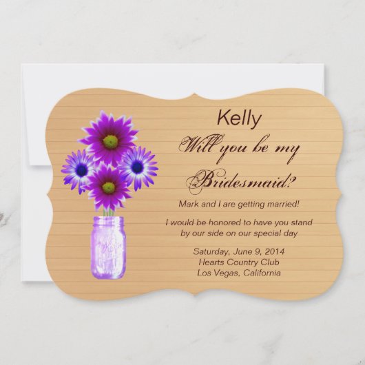 Land Rustikale Lila Mason Jar Bridesmaid Card Einladung (Vorderseite)