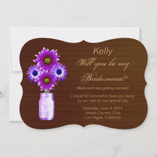 Land Rustikale Lila Mason Jar Bridesmaid Card Einladung (Vorderseite)