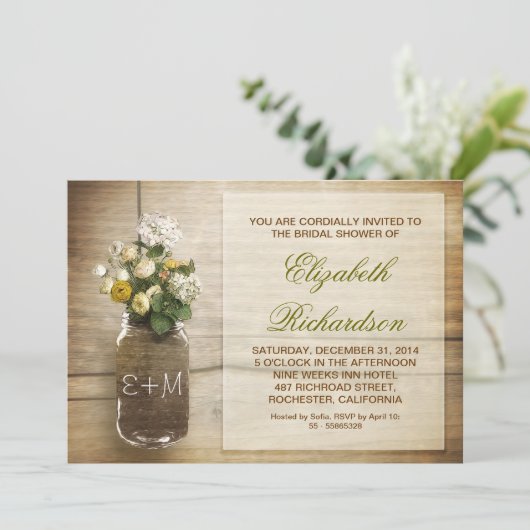Land rustikale Mason Glas Brautdusche Einladungen (Stehend Vorderseite)