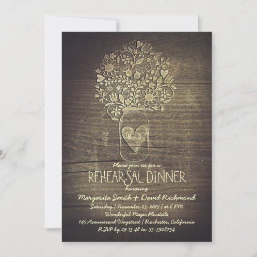 Land rustikale Mason Jar Blumenkohl Probe Abendess Einladung (Vorderseite)