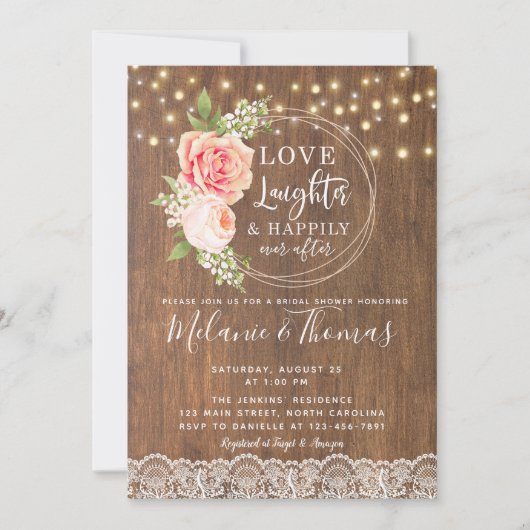 Land Rustikale Rose Spitzen Bridal Dusche Einladun Einladung (Vorderseite)