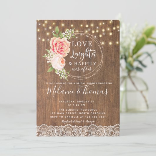 Land Rustikale Rose Spitzen Bridal Dusche Einladun Einladung (Stehend Vorderseite)