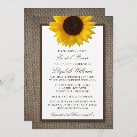 Land Rustikale Sonnenblume auf Burlap-Brautparty Einladung (Vorne/Hinten)