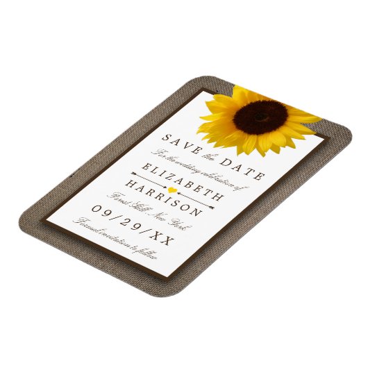 Land Rustikale Sonnenblume auf Burlap Save the Dat Magnet (Linke Seite)