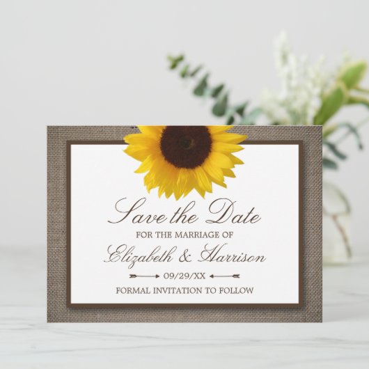 Land Rustikale Sonnenblume auf Burlap Save The Date (Stehend Vorderseite)