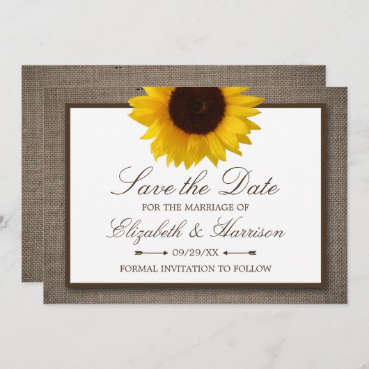 Land Rustikale Sonnenblume auf Burlap Save The Date (Vorne/Hinten)
