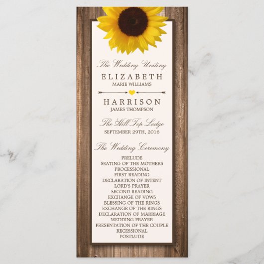 Land Rustikale Sonnenblumen & Braun-Holz Hochzeit Programm (Vorderseite)